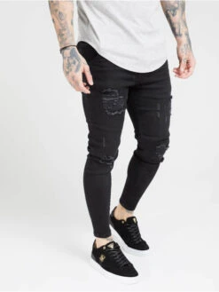 Herren Skinny Jeans Distresed In Schwarz