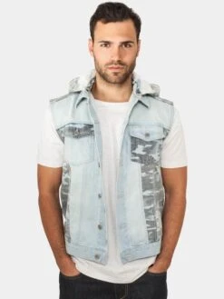 URBAN CLASSICS Herren Weste Hooded Camo Denim In Blau